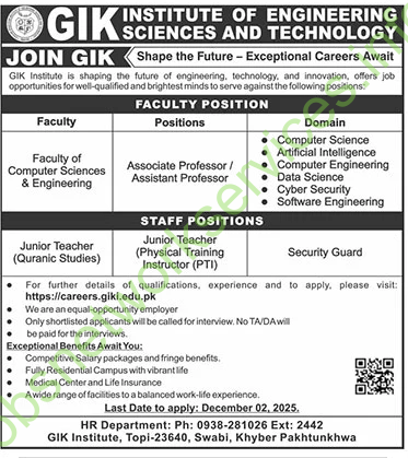 Join GIK Institute of Engineering Science and Technology Jobs 2025 Latest