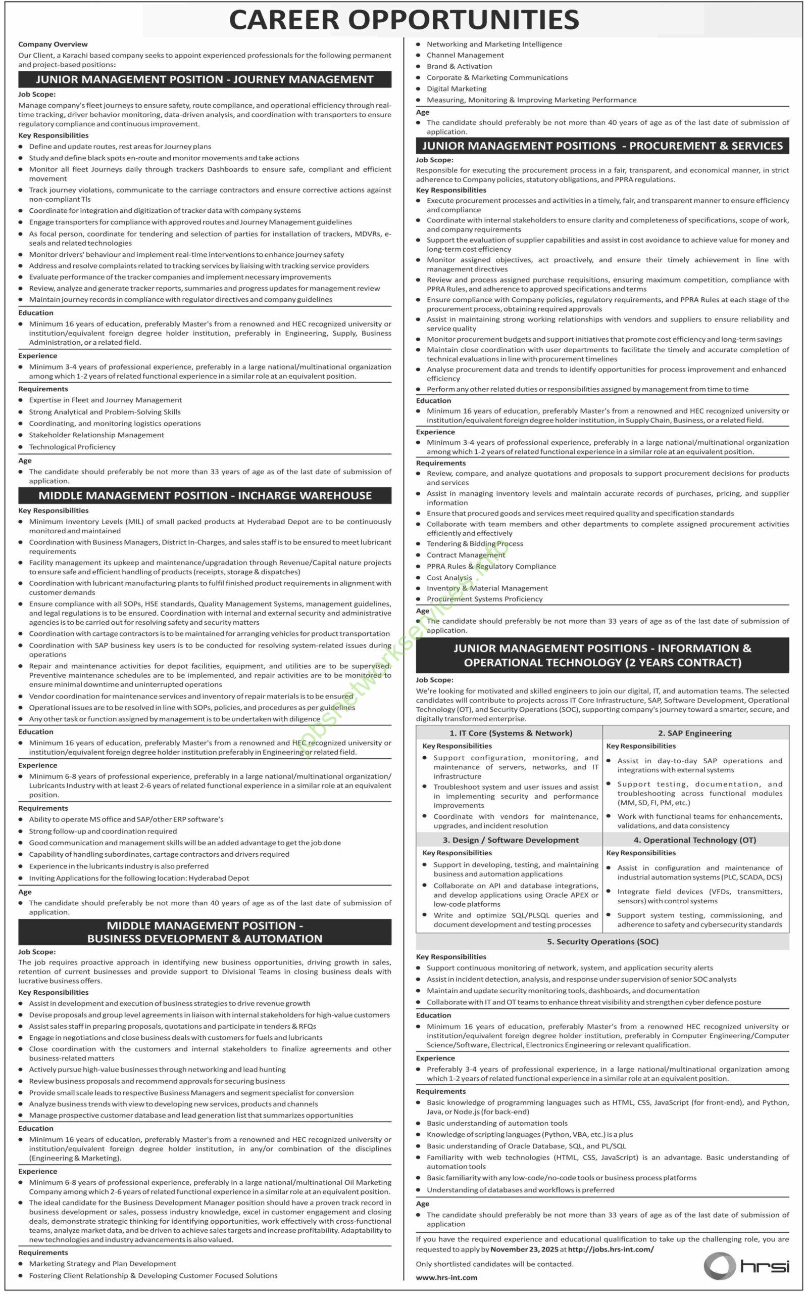 Junior Management Positions HRSI Jobs 2025 Latest