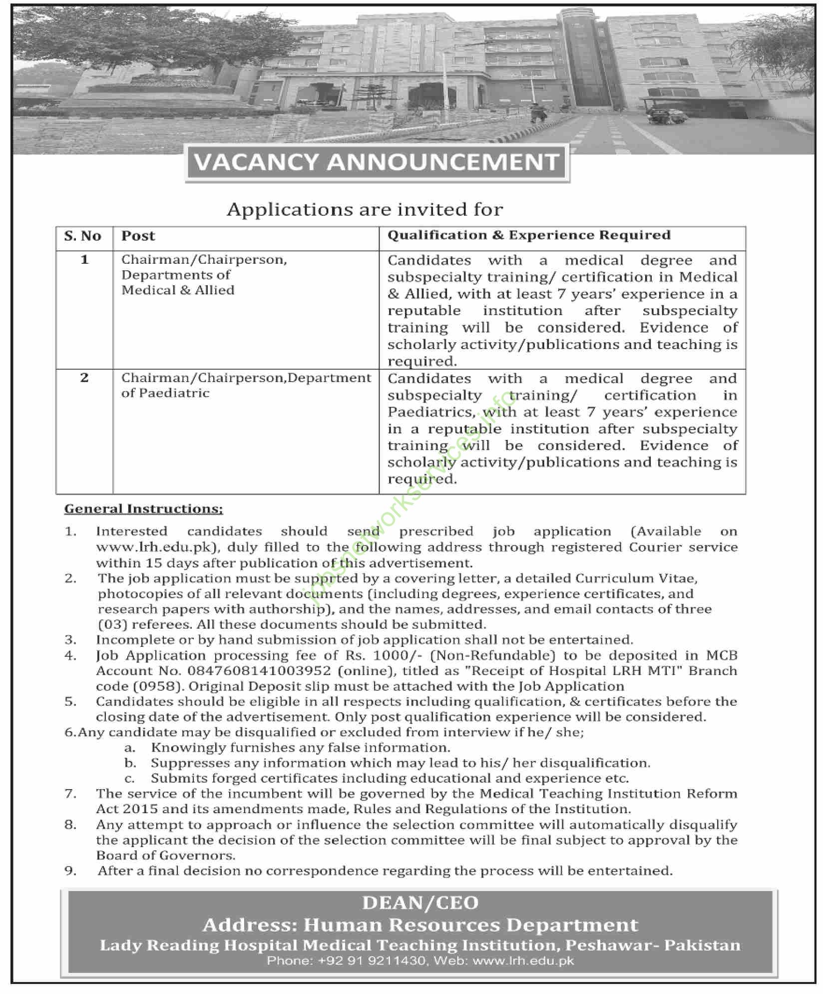 Lady Reading Hospital Medical Teaching Institution Peshawar Jobs 2025