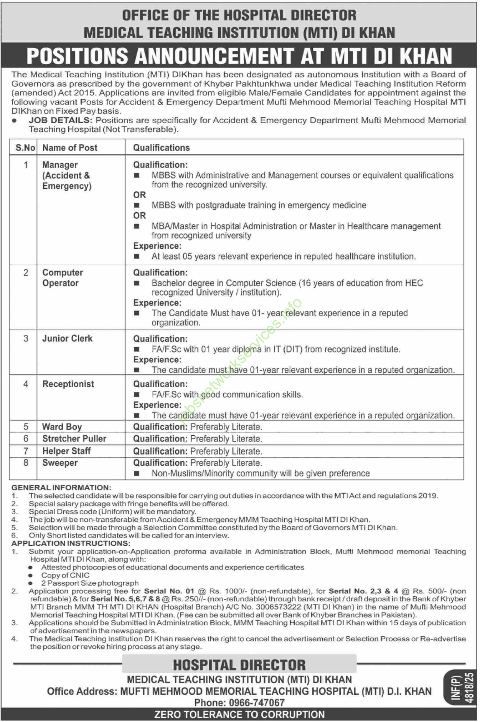 Medical Teaching Institution MTI DI Khan New Jobs 2025 Latest