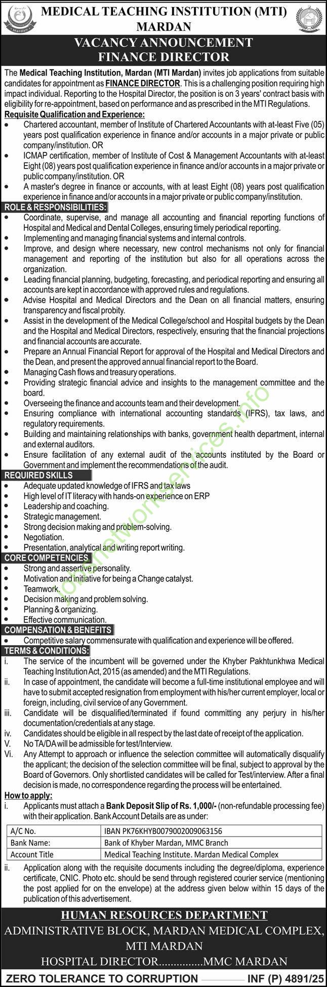 Medical Teaching Institution MTI Mardan Jobs 2025 Latest