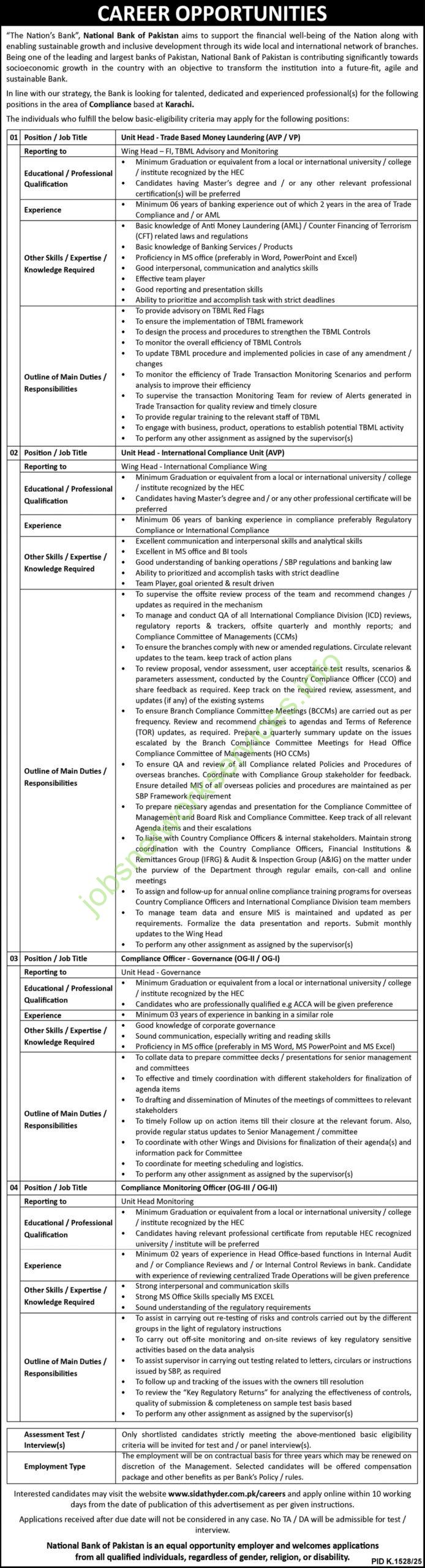 NBP Compliance Officer Governance Jobs 2025 Apply Online Bank