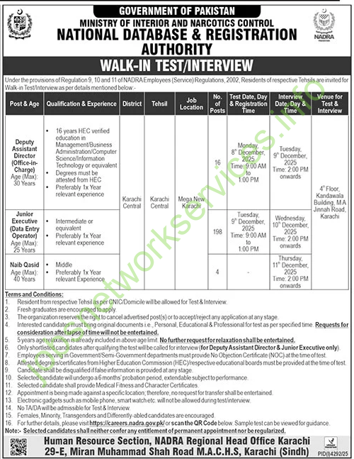 Nadra Karachi Sindh Jobs 2025 Walk-in Interview/Test
