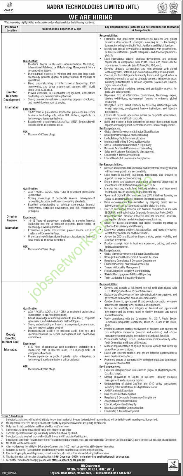 Nadra Technologies Limited NTL Jobs 2025 Latest