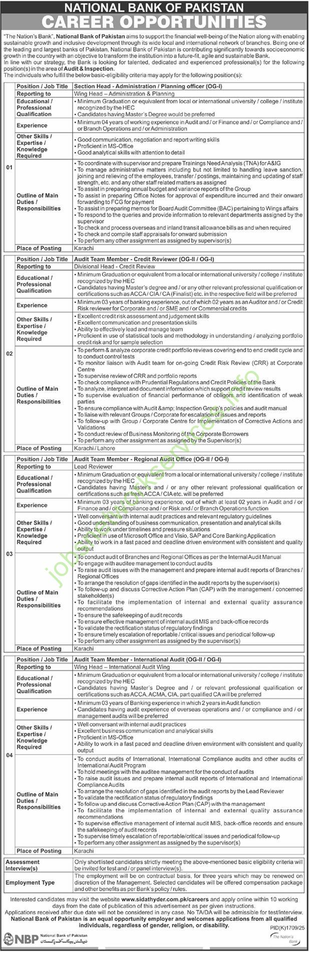 National Bank of Pakistan Career Opportunities 2025 Latest