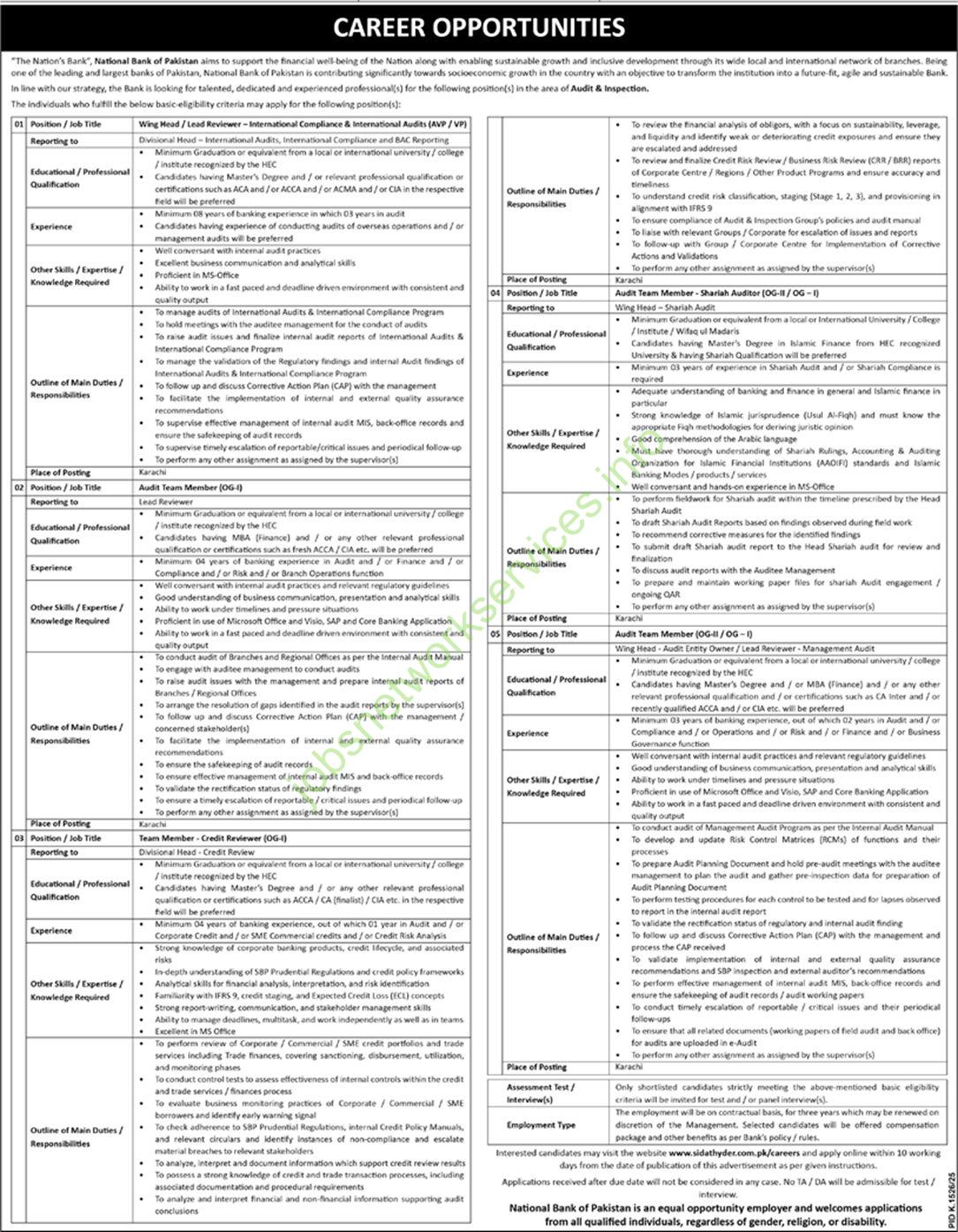 National Bank of Pakistan NBP Jobs 2025 for Audit & Inspection Area