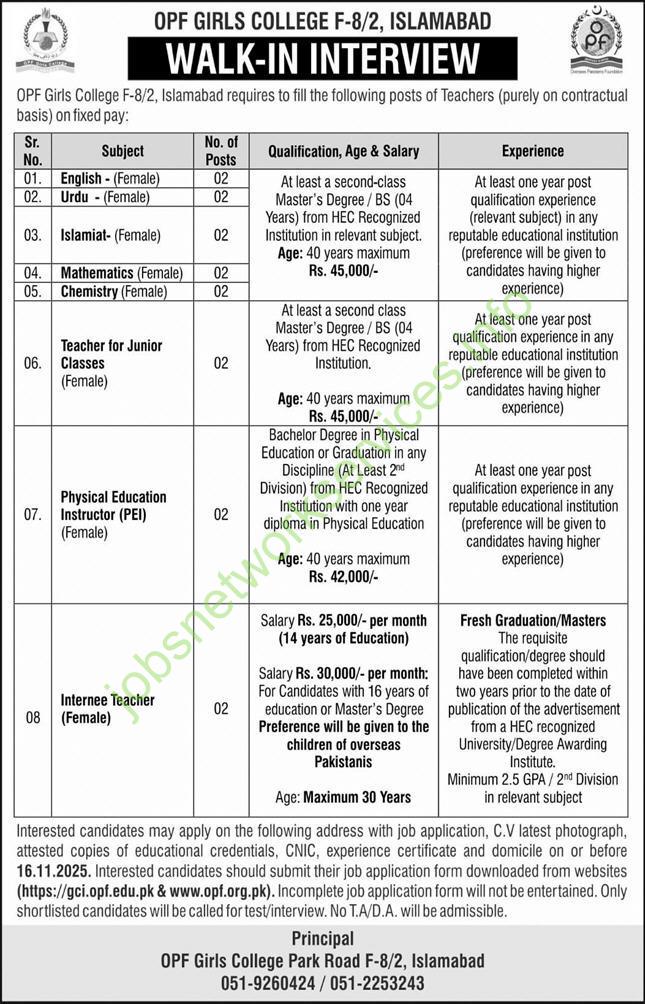 OPF Girls College Islamabad Jobs 2025 Latest