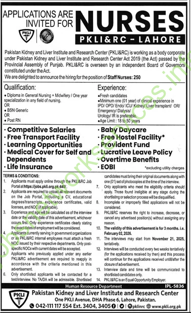 PKLI & RC Lahore Nurses Jobs 2025 Latest