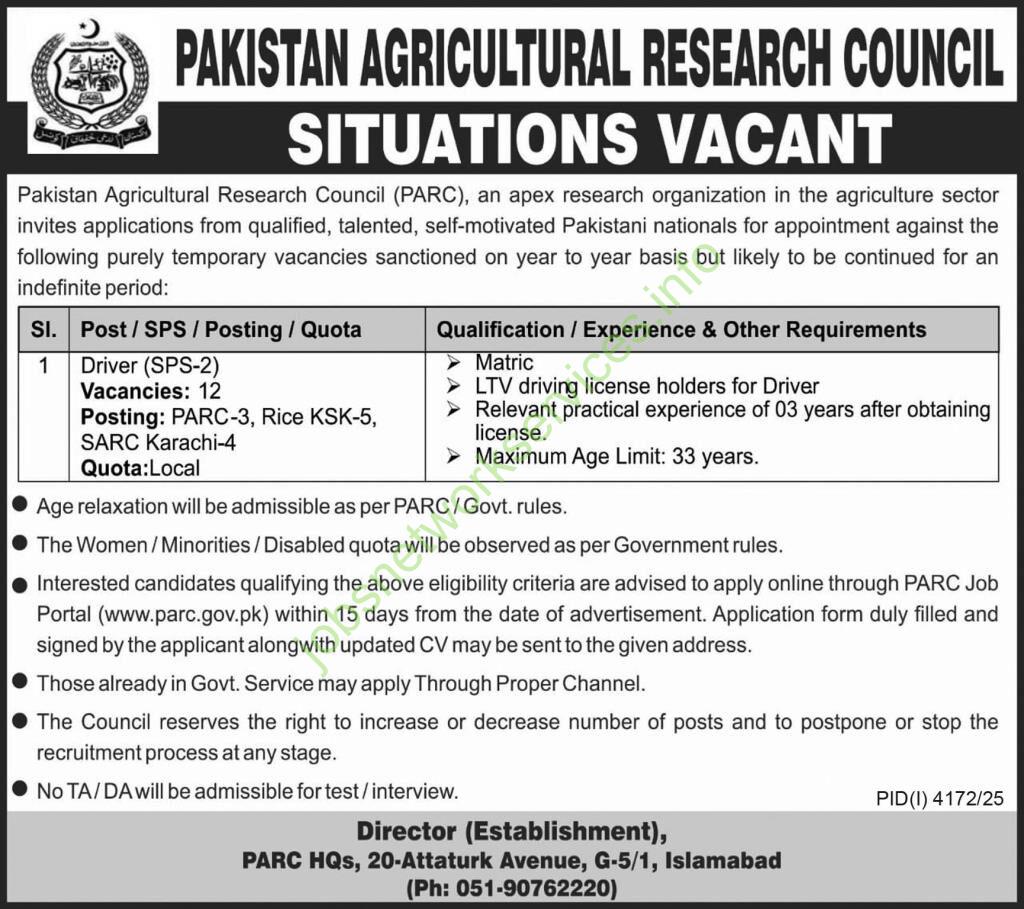 Pakistan Agriculture Research Council PARC Jobs 2025 Latest for Driver