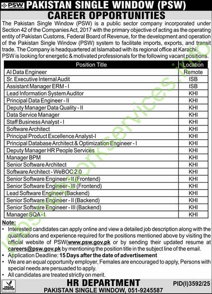 Pakistan Single Window New Jobs 2025 Latest PSW Jobs