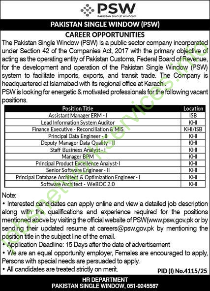 Pakistan Single Window PSW Jobs 2025 Apply Online