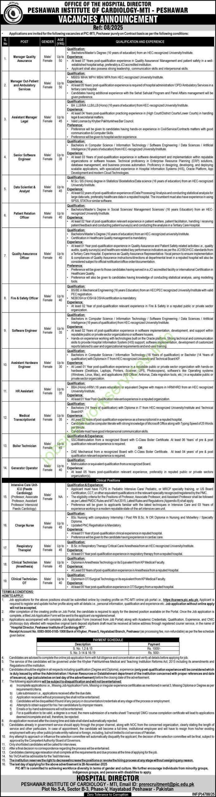 Peshawar Institute of Cardiology PIC Jobs 2025 Latest MTI New Jobs