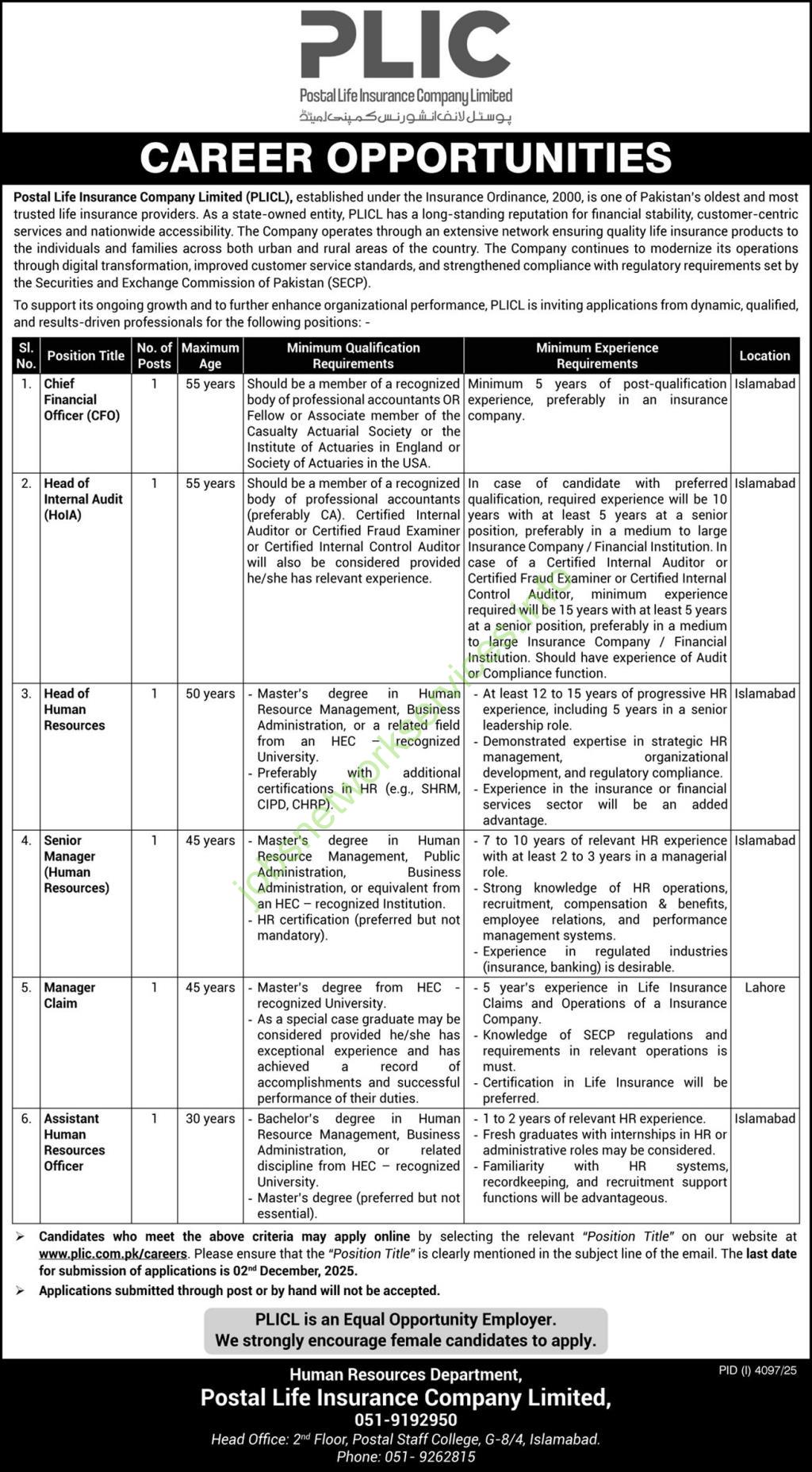 Postal Life Insurance Company Limited PLICL Jobs 2025 Latest