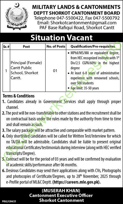 Principal Jobs 2025 for Military Lands & Cantonments Deptt Shorkot Cantonment Board