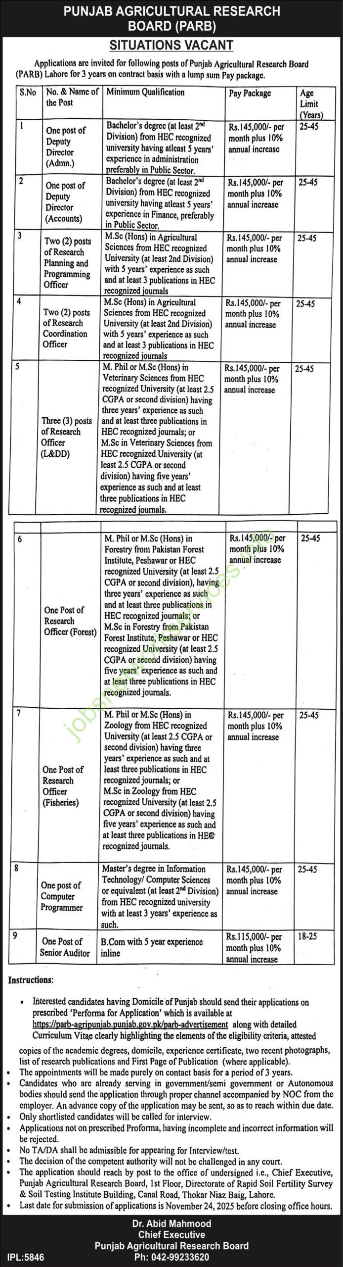 Punjab Agricultural Research Board PARB Jobs 2025 Latest