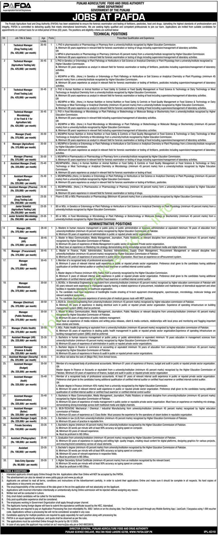 Punjab Agriculture Food and Drug Authority PAFDA Jobs 2025 Latest