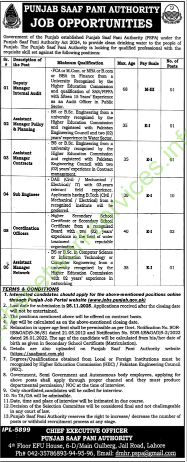 Punjab Saaf Pani Authority PSPA Jobs 2025 Latest