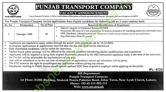 Punjab Transport Company Lahore Jobs 2025 Latest