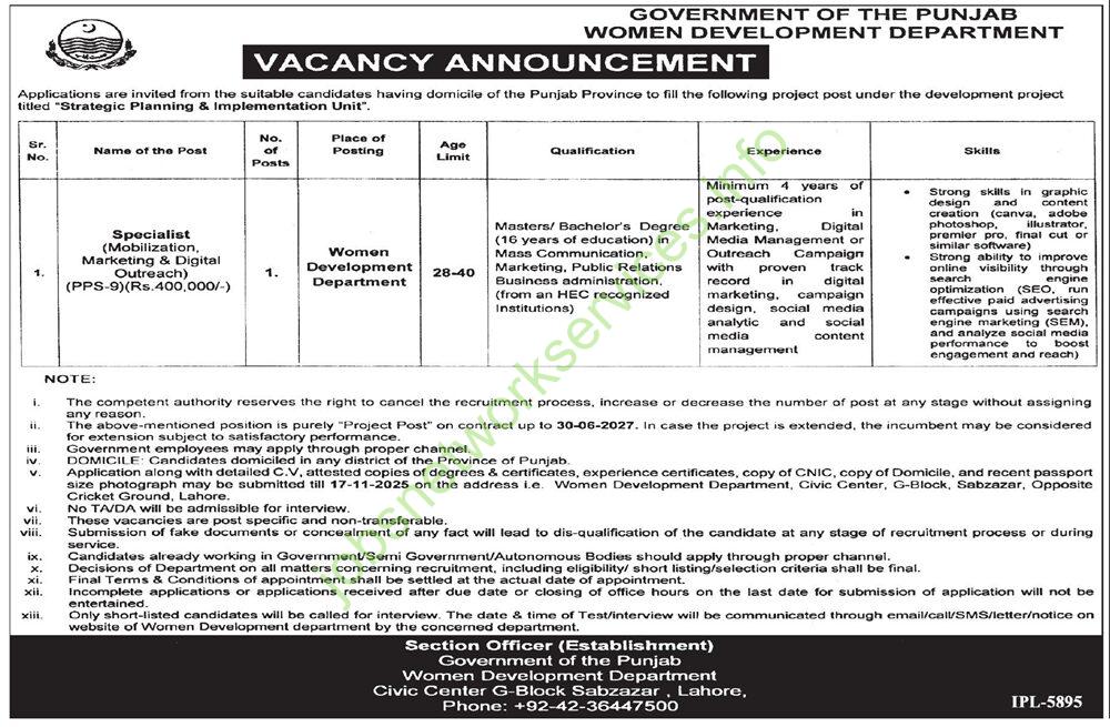 Punjab Women Development Department Jobs 2025 Latest