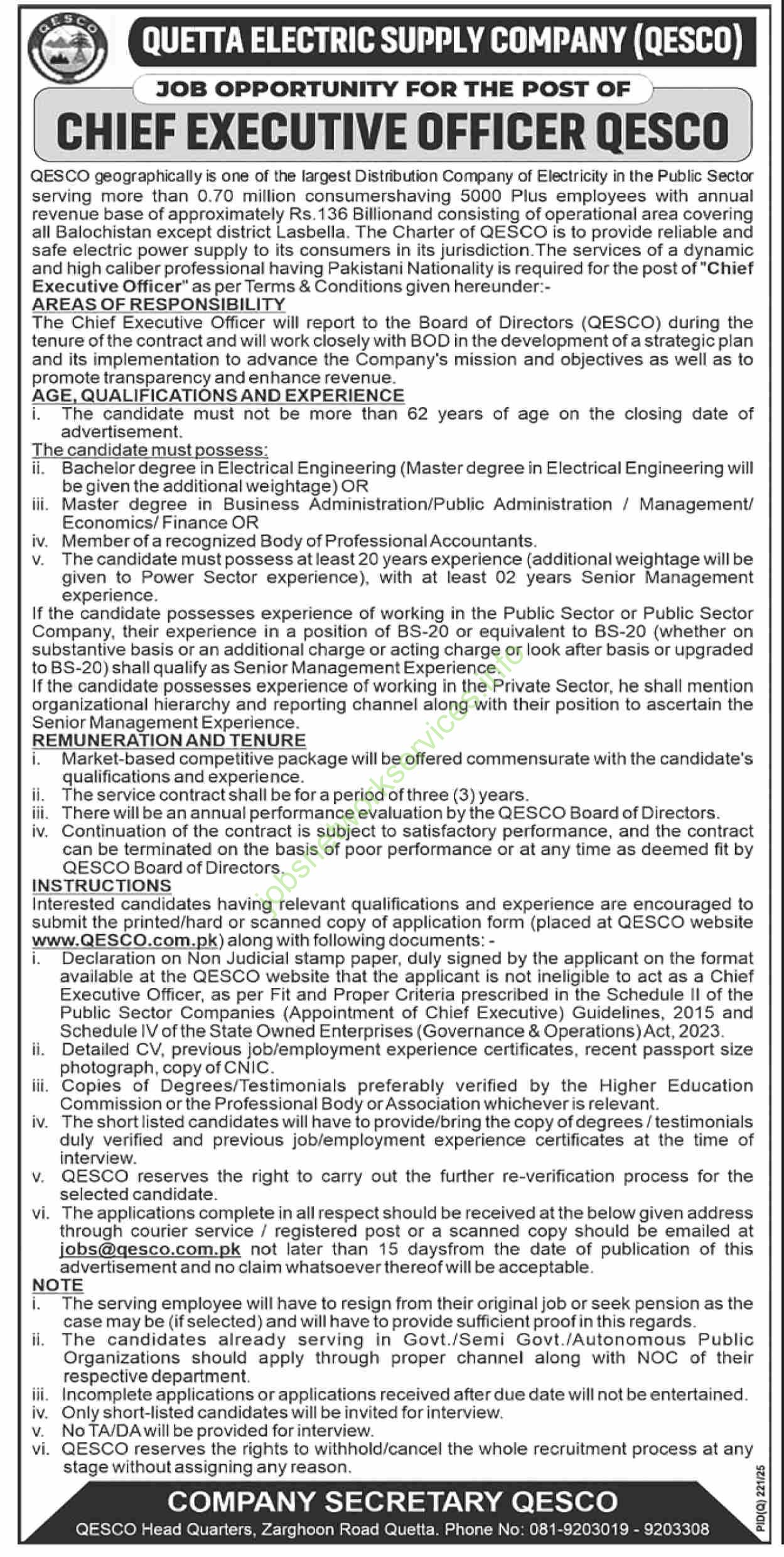 Quetta Electric Supply Company QESCO Jobs 2025 Latest