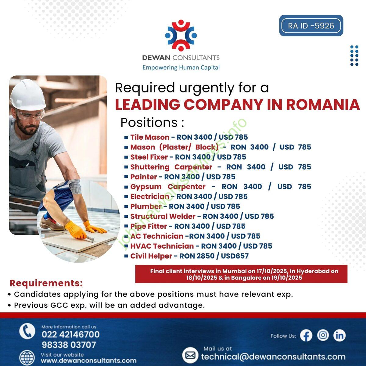 Required Urgently for a Leading Company in Romania Jobs 2025