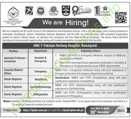 Riphah Islamic International Medical College Rawalpindi Jobs 2025 Latest