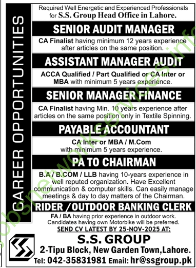 SS Group Head Office in Lahore Jobs 2025 Latest