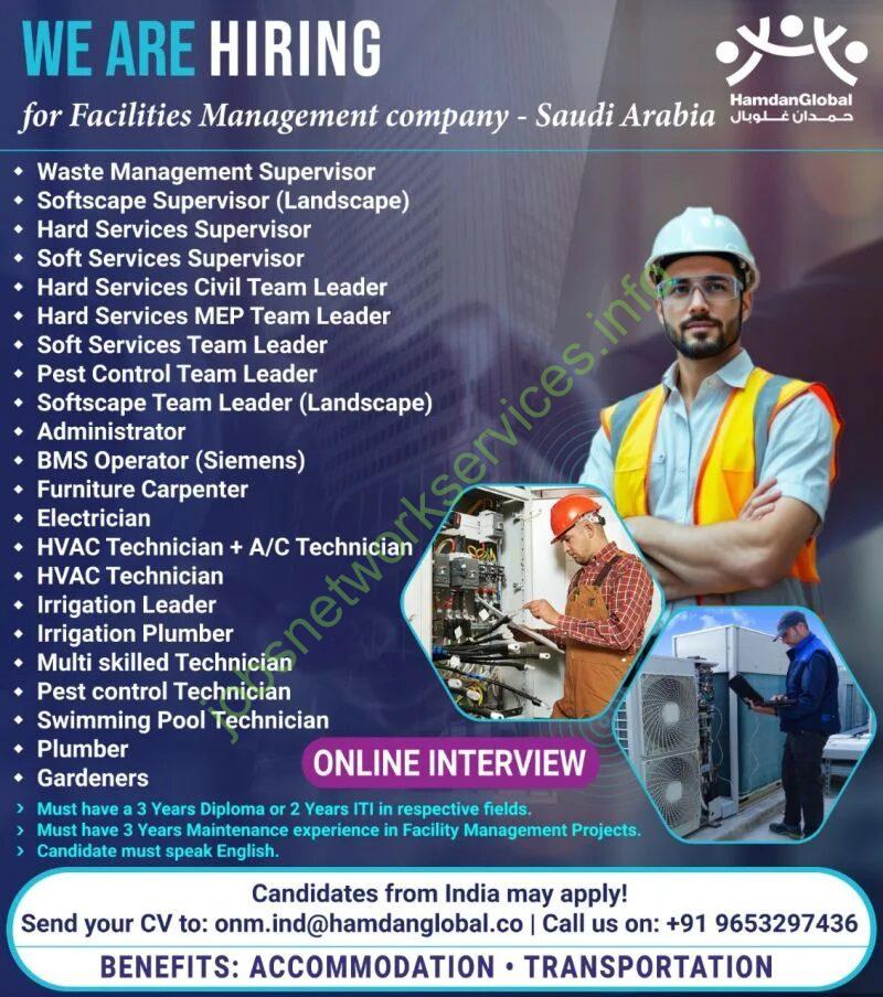 Saudi Arabia Jobs hiring for Facilities Management Company – Online Interview