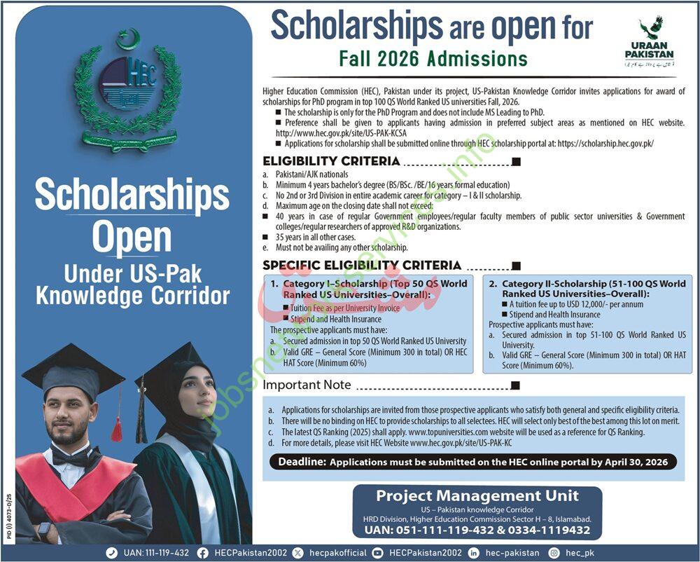Scholarship are Open for Fall 2026 Admissions Under US-Pak Knowledge Corridor