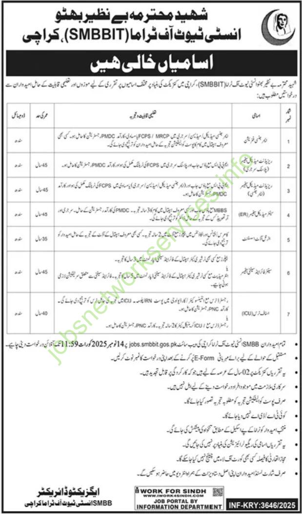 Shaheed Mohtarma Benazir Bhutto Institute Of Trauma Jobs 2025