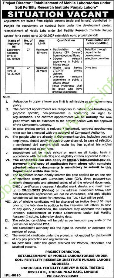 Soil Fertility Research Institute Punjab Lahore Jobs 2025 Latest