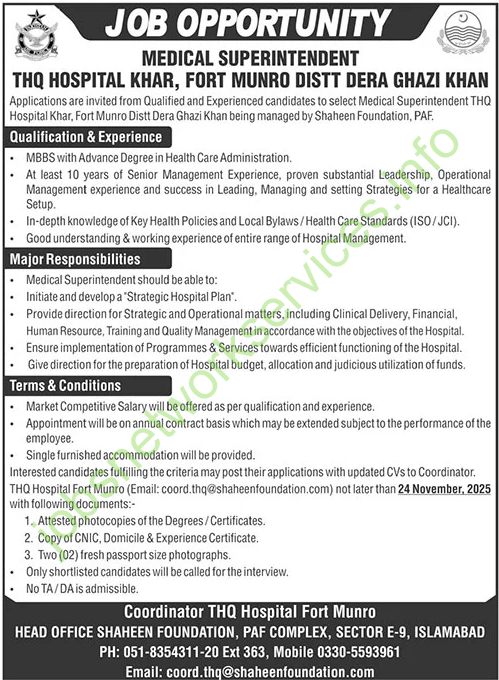 THQ Hospital Khar Fortminro Distt Dera Ghazi Khan Jobs 2025