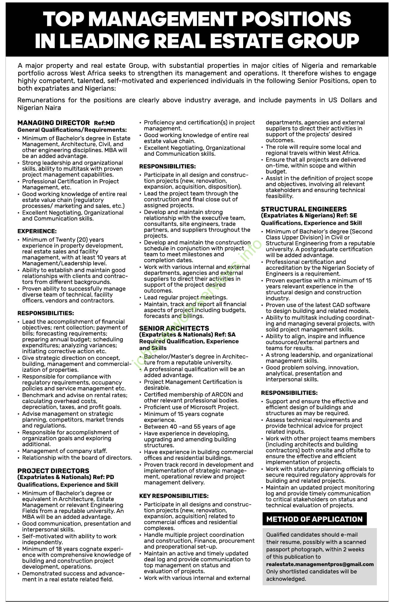 Top Management Jobs in Nigeria & West Africa Real Estate Group – High Salaries in USD & Naira