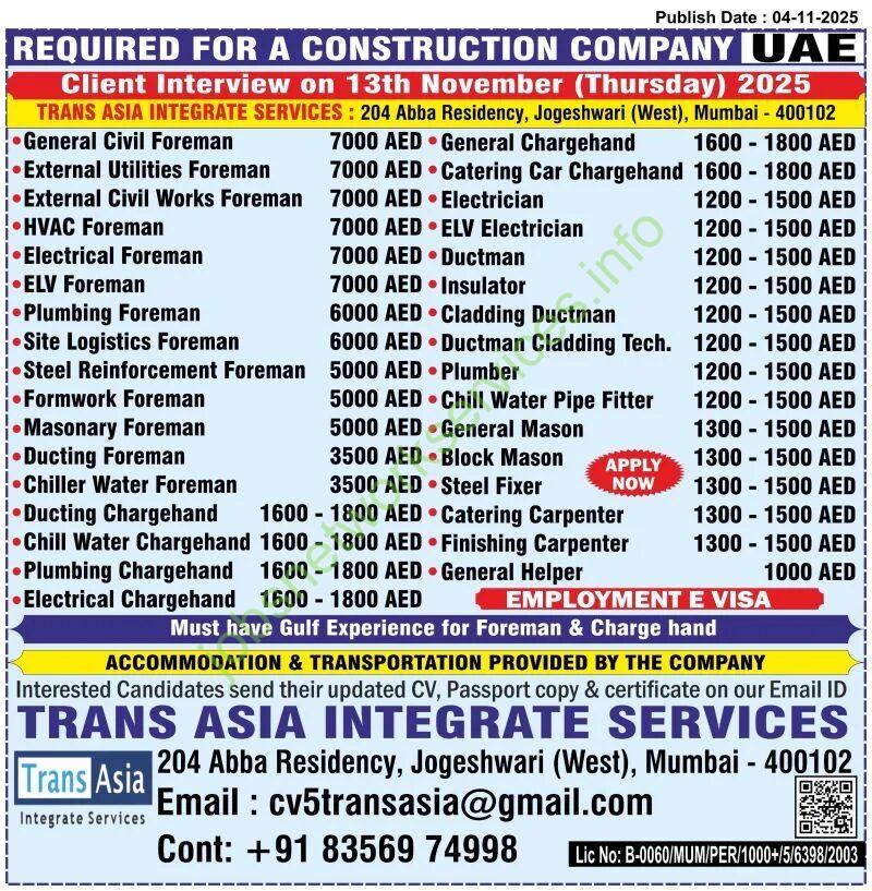 UAE Construction Jobs 2025 Salary AED 3500-7000 Online Client Interview