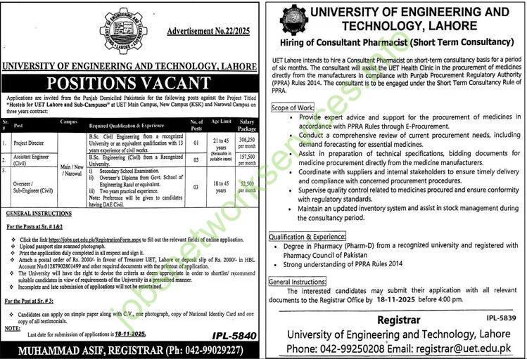 University of Engineering and Technology UET Lahore Jobs 2025 Latest