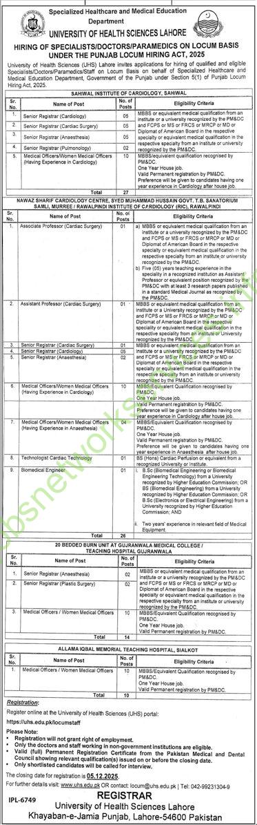 University of Health Sciences Lahore Jobs 2025 Latest