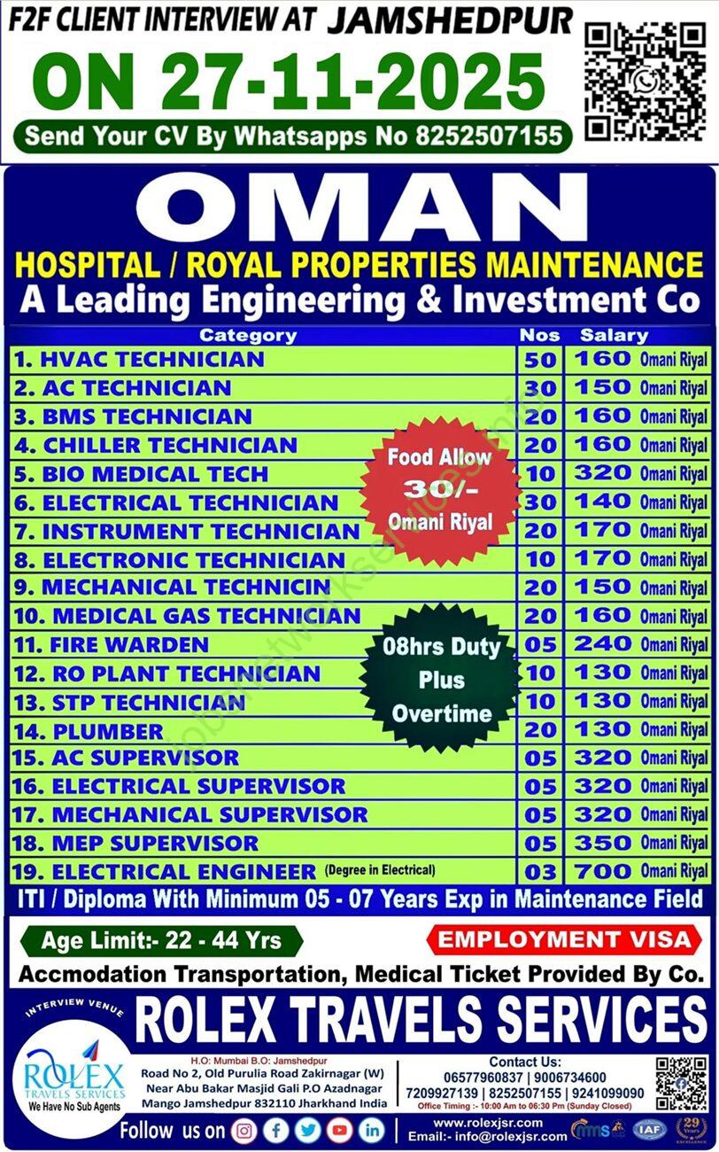 Urgent Oman Jobs 2025 OMAN Hospital & Royal Properties Maintenance Hiring 300+ Technicians