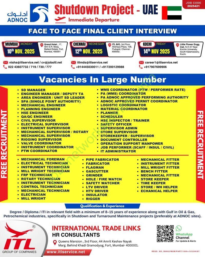 Vacancies in Large Number Jobs in UAE Shutdown Project