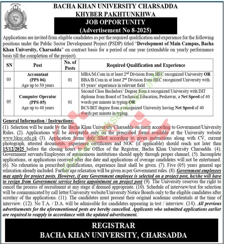 Bacha Khan University Charsadda Khyber Pakhtunkhwa Jobs December 2025 Latest