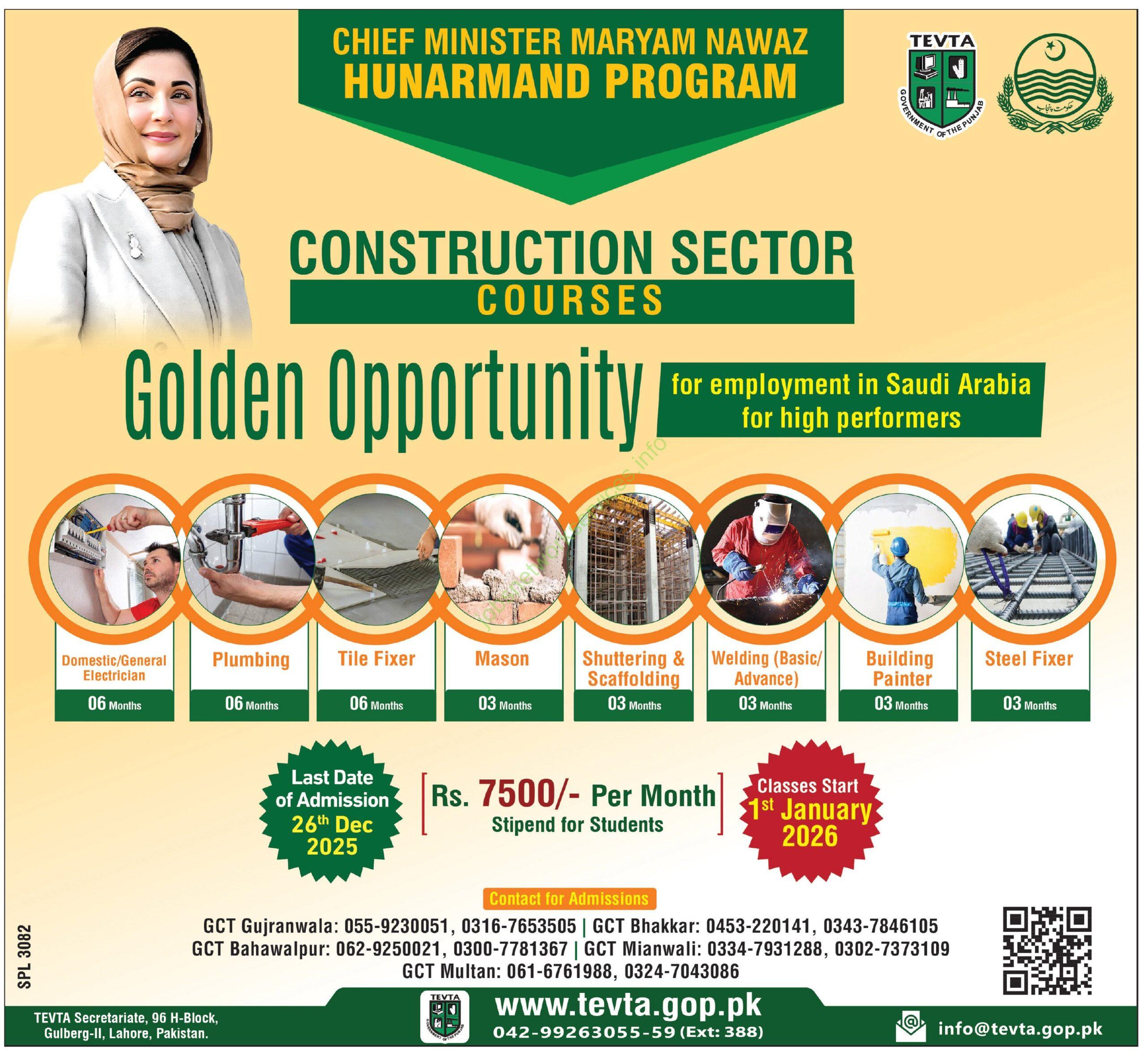 Chief Minister Maryam Nawaz Hunarmand Program Course Admission Jobs January 2026 Latest