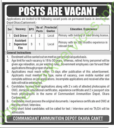 Commandant Ammunition Depot Okara Cantt Jobs 2025 Latest