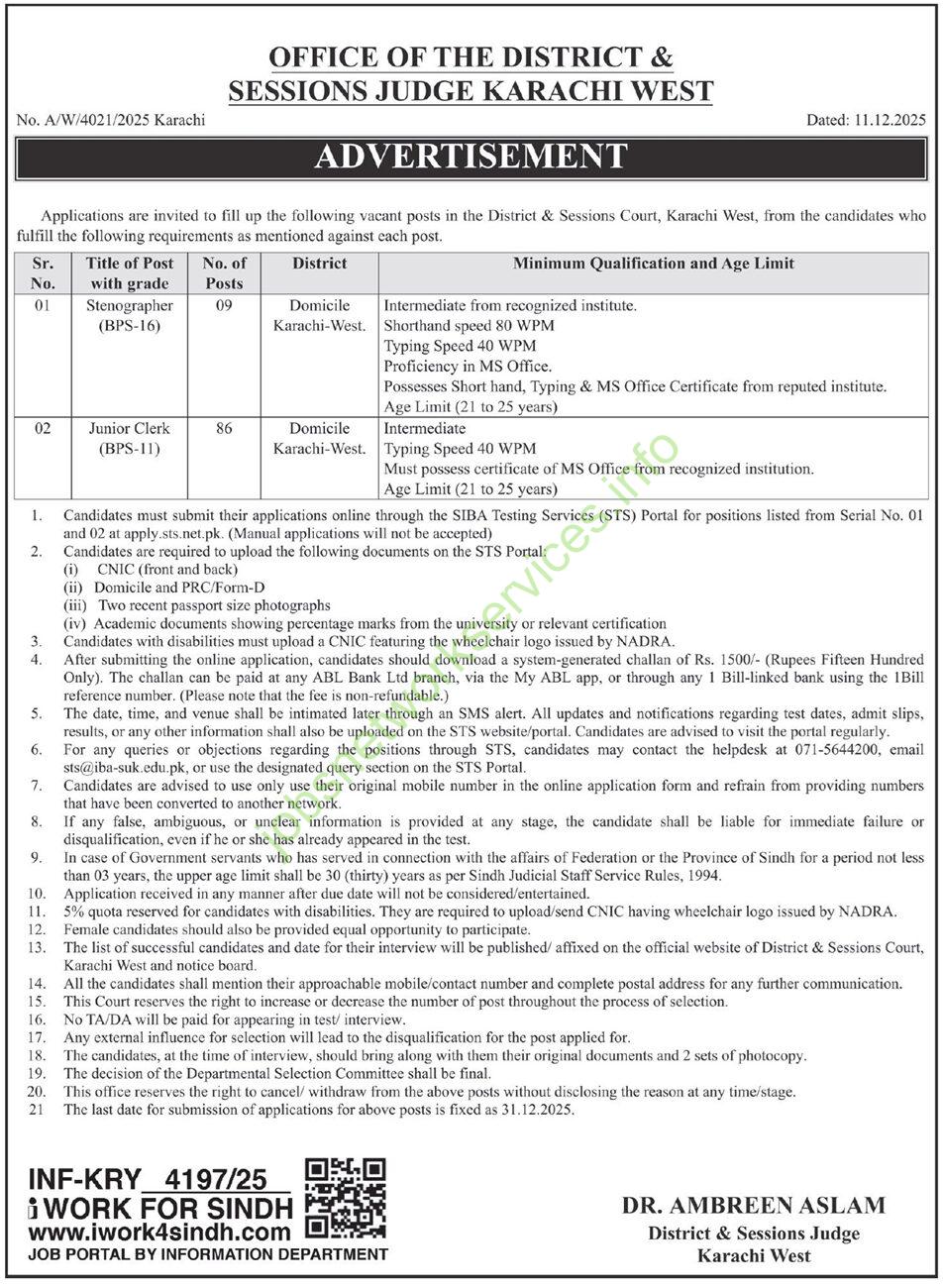 District and Session Court Karachi New Jobs January 2026 Latest