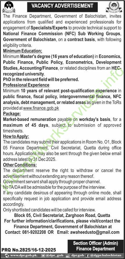Finance Department Government of Balochistan Jobs 2025 Latest