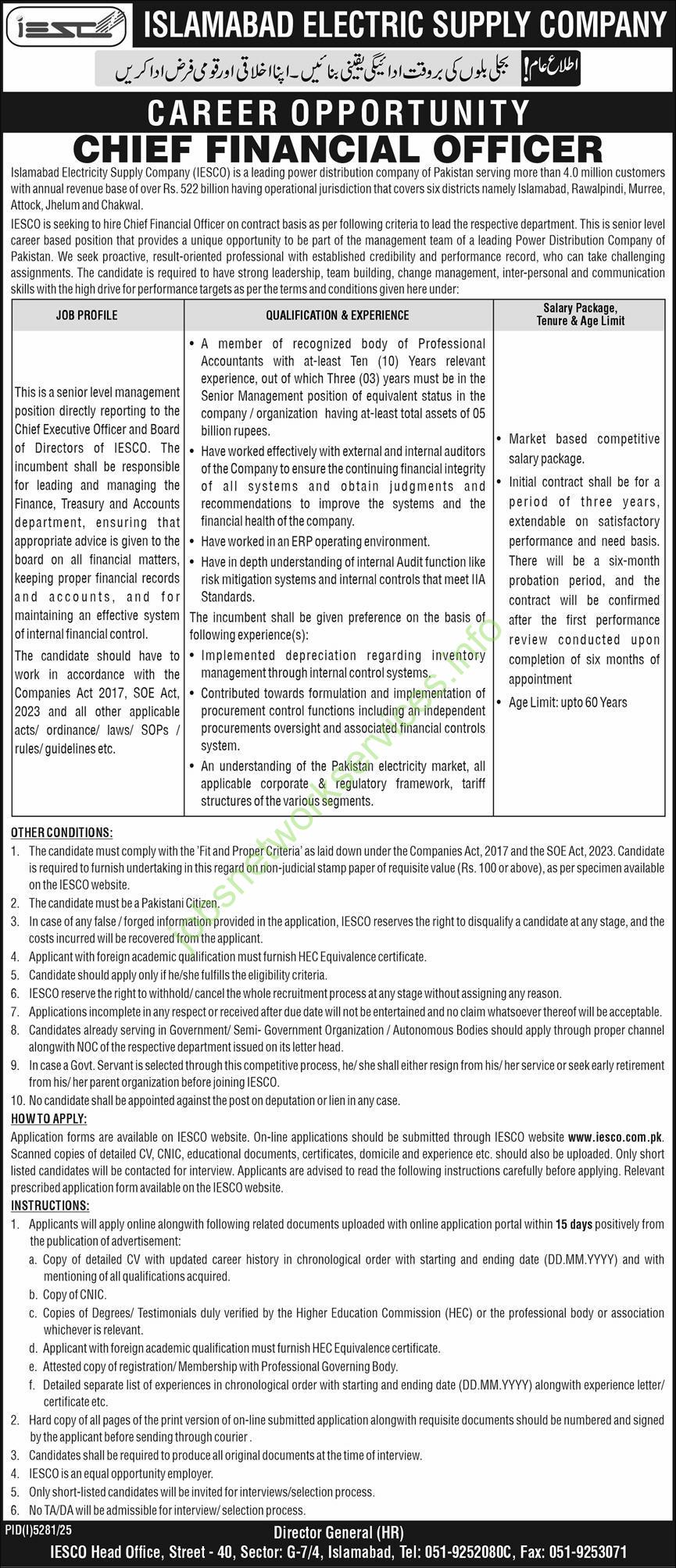 IESCO Chief Financial Officer Jobs 2026 Apply Online