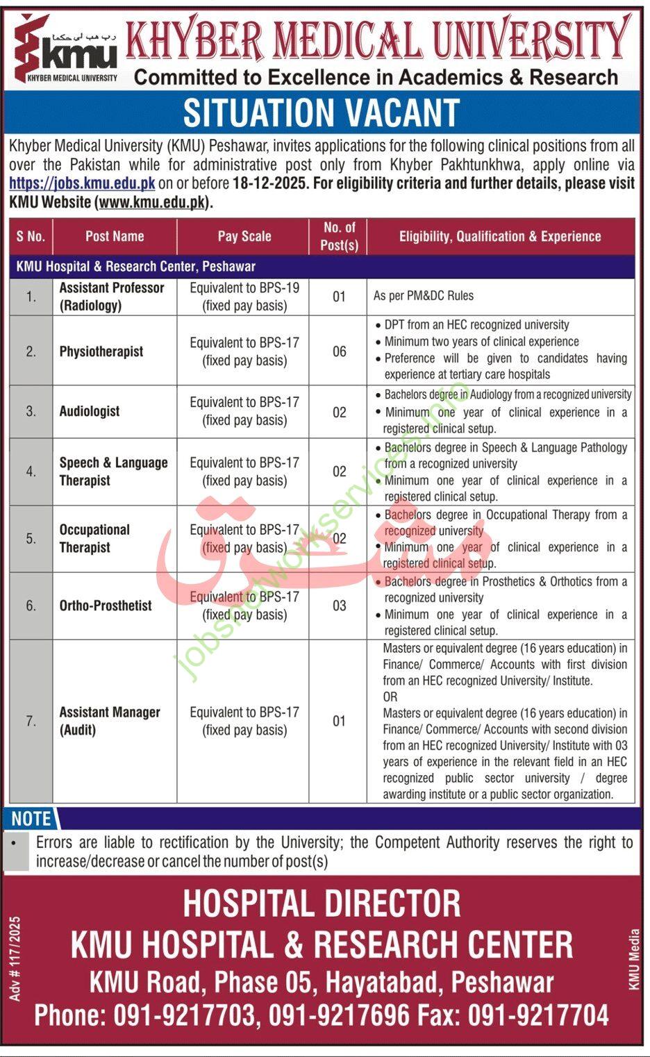 Khyber Medical University KMU Jobs January 2026 Latest