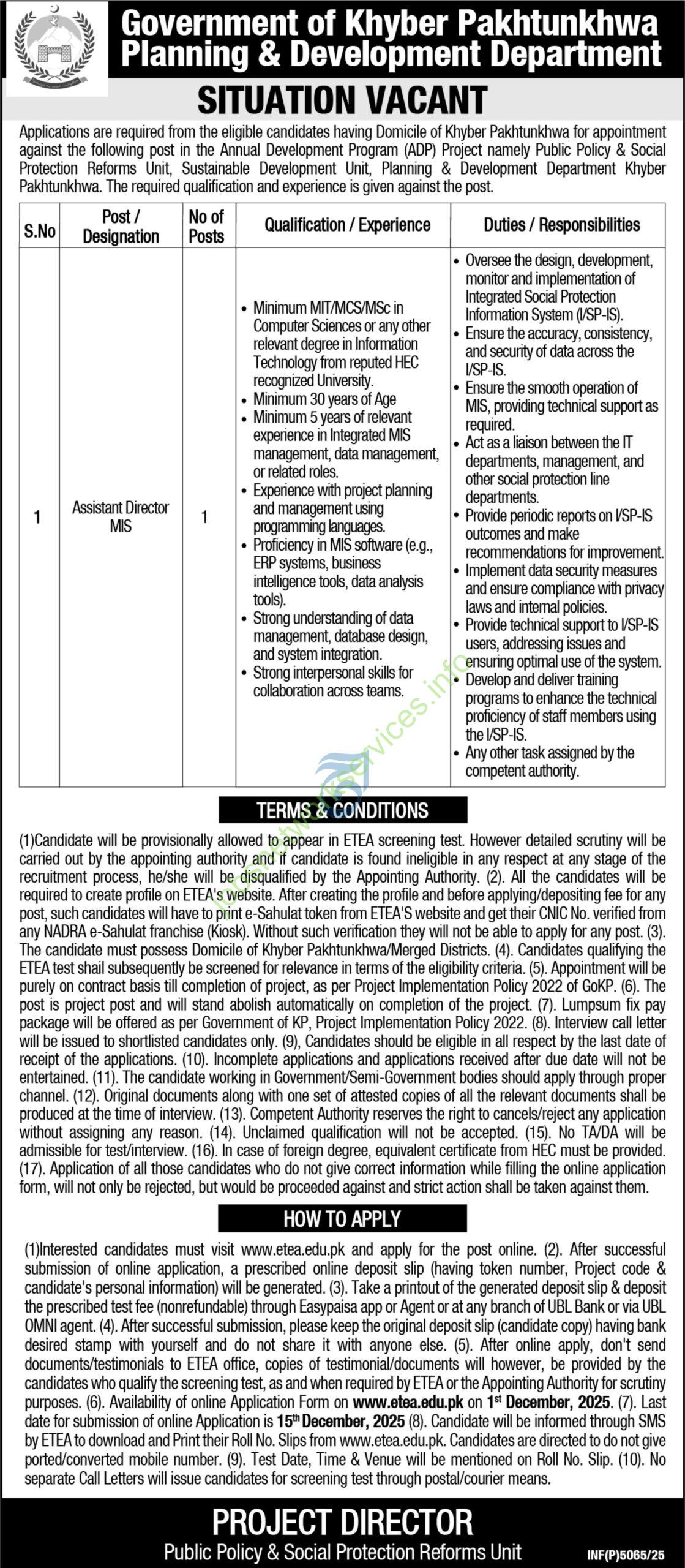 Khyber Pakhtunkhwa Planning and Development Department Jobs December 2025 Latest