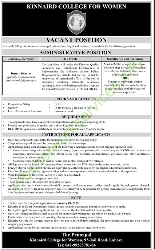 Kinnaird College for Women Lahore Jobs January 2026 Latest