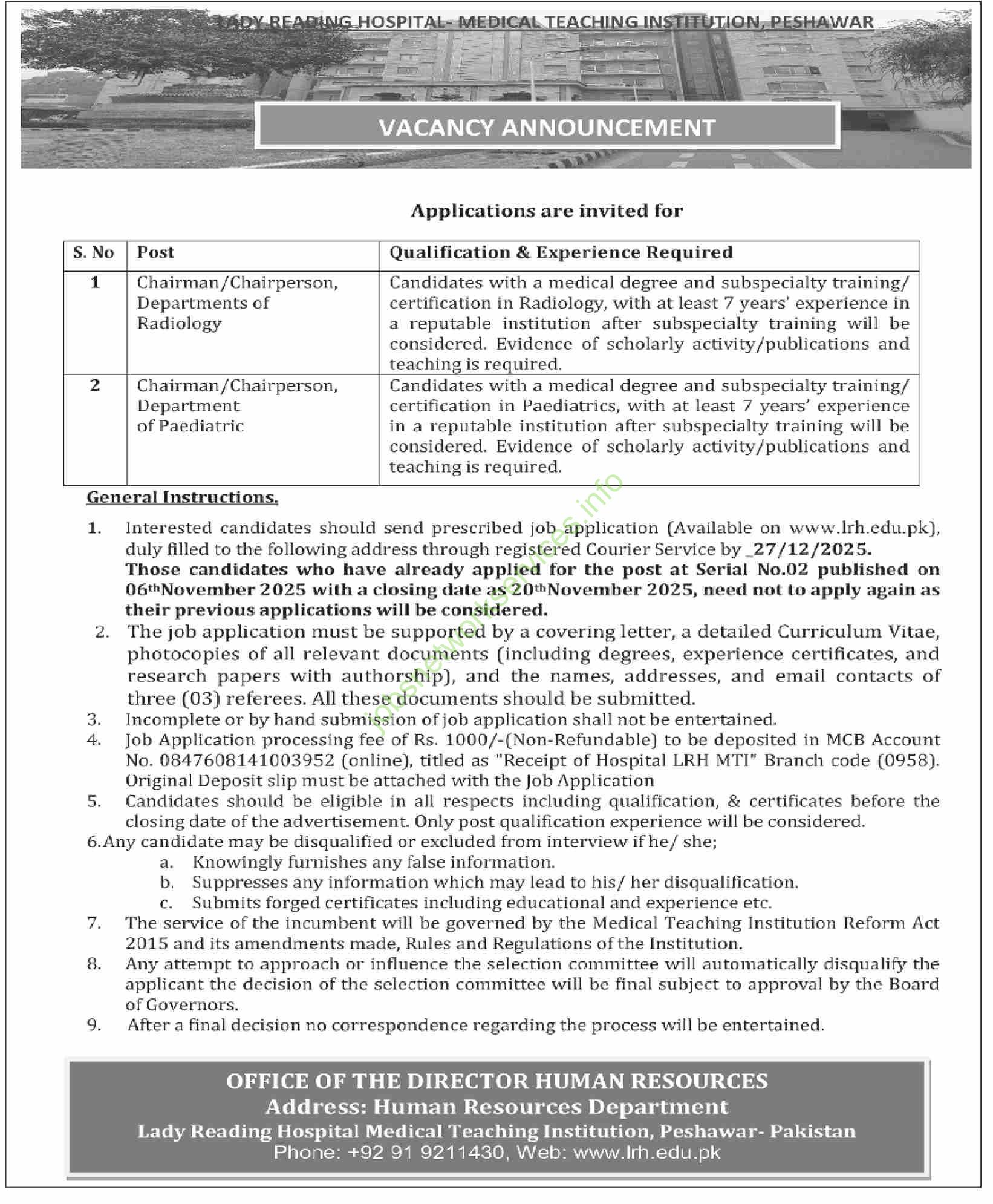 Lady Reading Hospital Medical Teaching Institution Peshawar Jobs January 2025 Latest