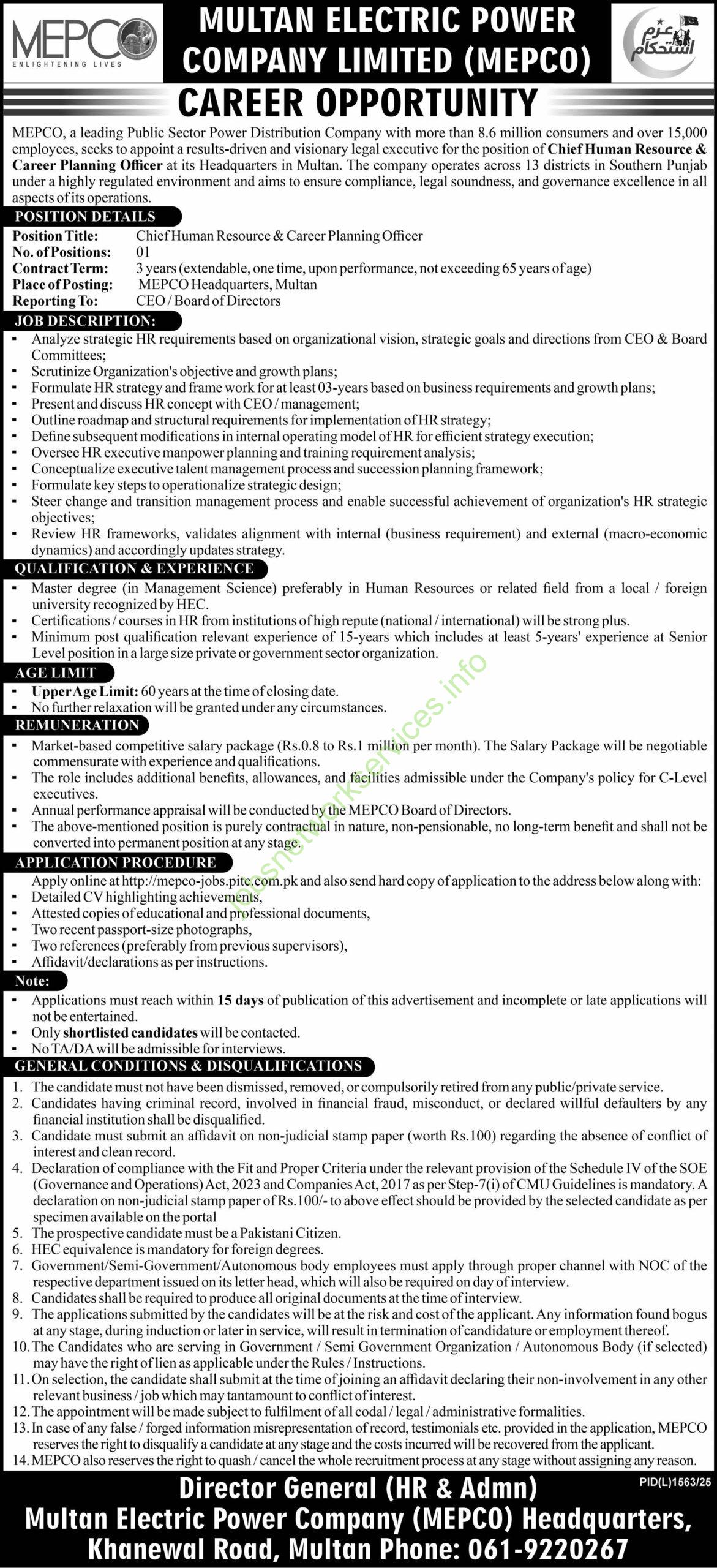 Multan Electric Power Company Limited MEPCO Jobs December 2025 Latest