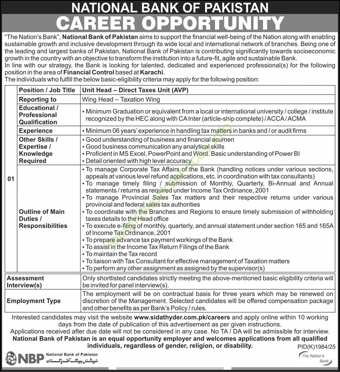 National Bank Unit Head - Direct Taxes Unit Jobs December 2025 Latest